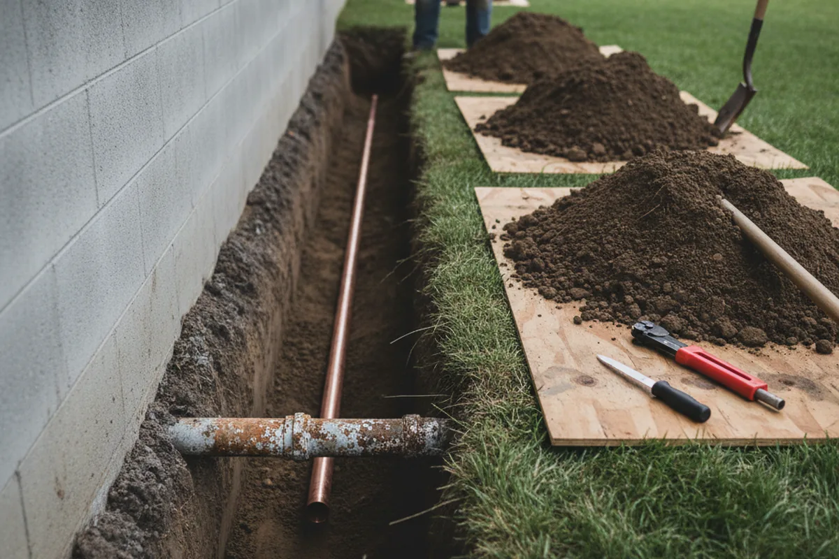Excavated water line trench during Water Heater Repair in Tiger